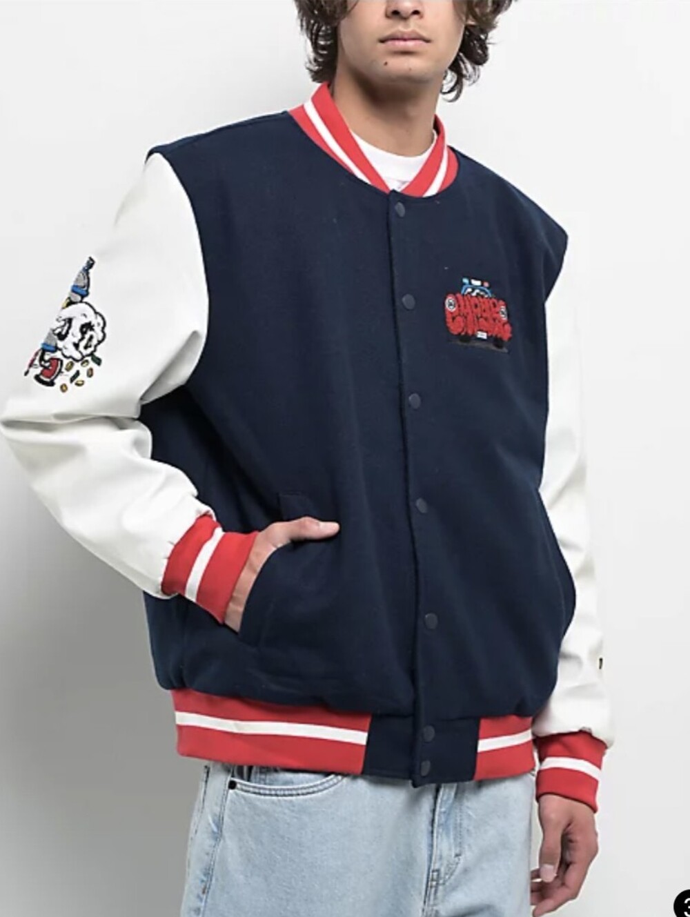 Empyre Brick Navy & White Varsity Jacket  Eclectic Graffiti Graphics Size medium